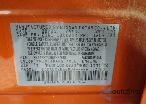 2021 Nissan Sentra Sr Xtronic Cvt from USA, damaged, VIN 3N1AB8DV8MY327618